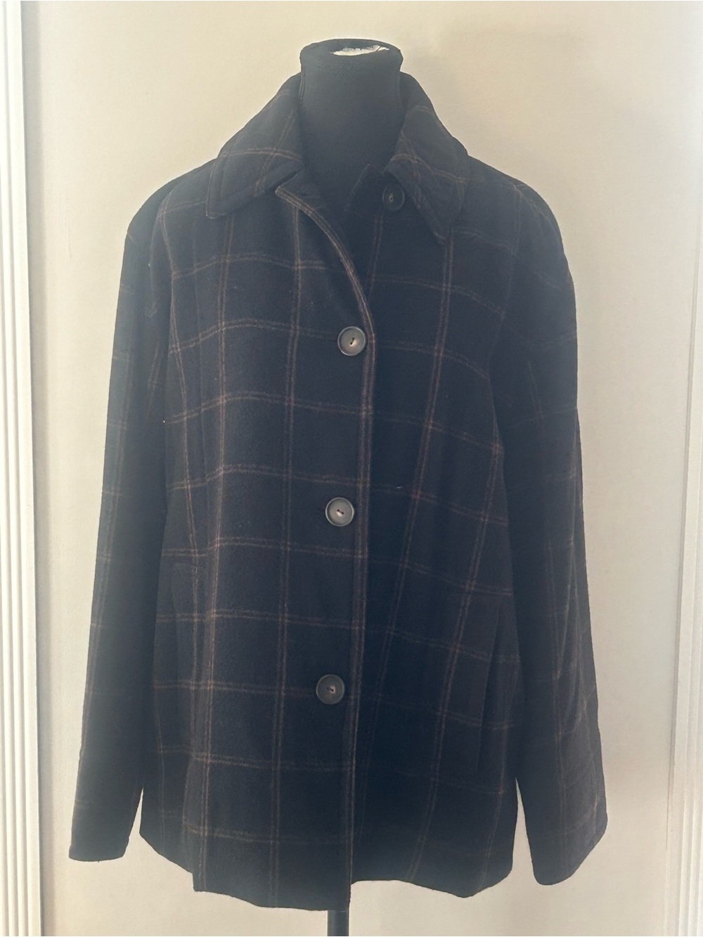 Vince Black Windowpane Plaid Wool Pea Coat
